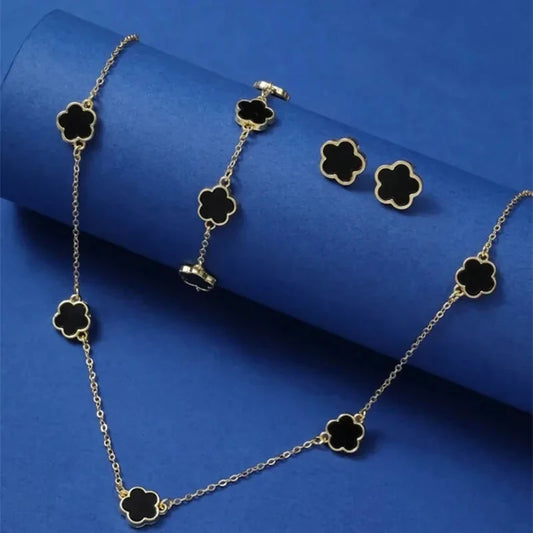 “Lucky Bloom” 3-Piece Set — Necklace, Earrings & Bracelet with 5-Petal Flower & Clover Charm for Confidence, Gifts & Good Vibes Only