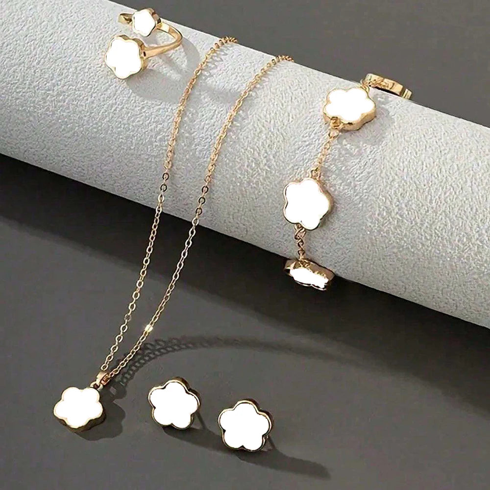 “Lucky Bloom” 3-Piece Set — Necklace, Earrings & Bracelet with 5-Petal Flower & Clover Charm for Confidence, Gifts & Good Vibes Only