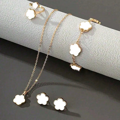 “Lucky Bloom” 3-Piece Set — Necklace, Earrings & Bracelet with 5-Petal Flower & Clover Charm for Confidence, Gifts & Good Vibes Only