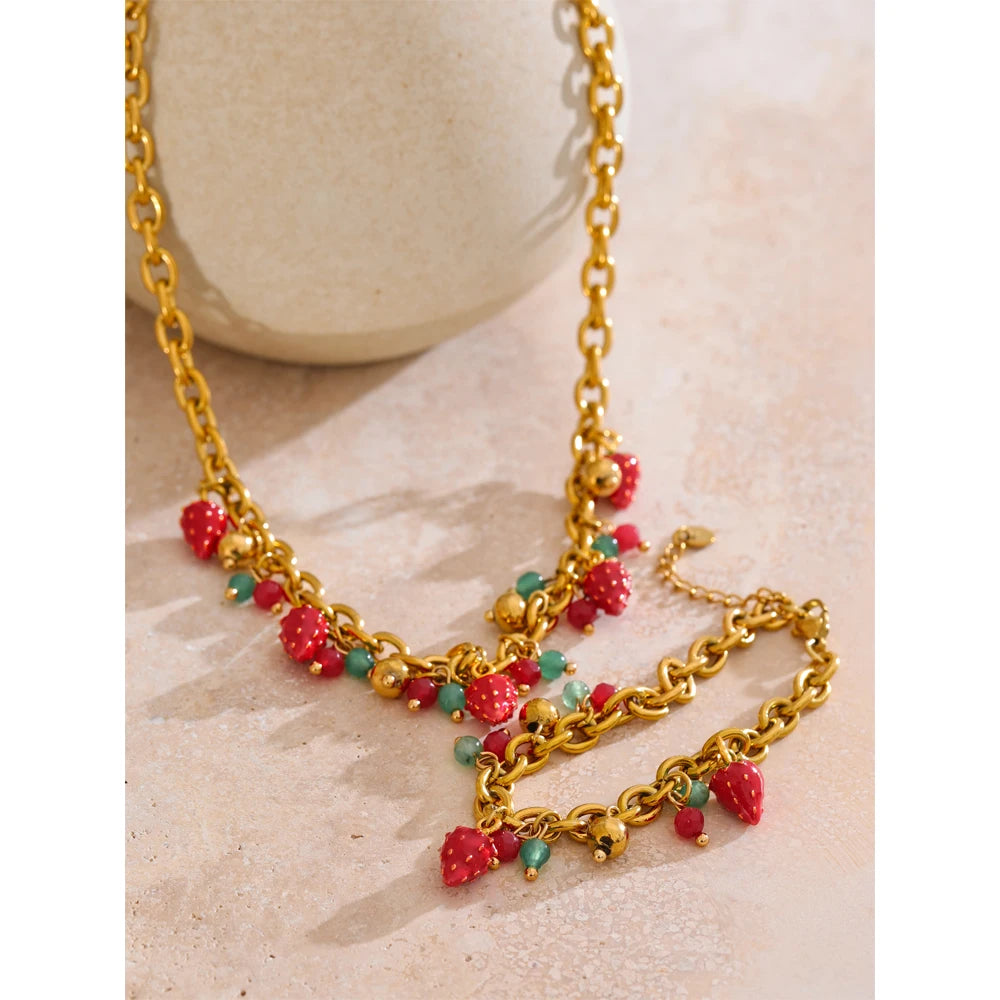 Strawberry Drop Charms Necklace - Red Enamel Stainless Steel Golden Plated