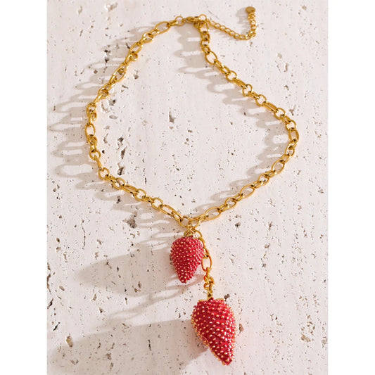 Sweet Strawberry Charm Necklace - Waterproof Gold Plated Pendant for Women