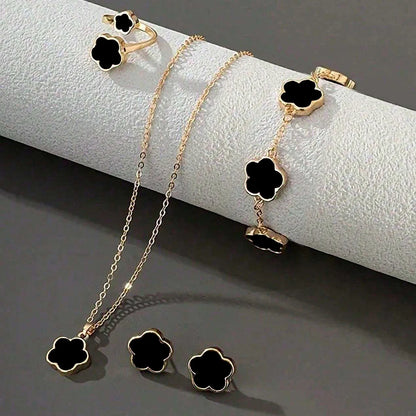 “Lucky Bloom” 3-Piece Set — Necklace, Earrings & Bracelet with 5-Petal Flower & Clover Charm for Confidence, Gifts & Good Vibes Only