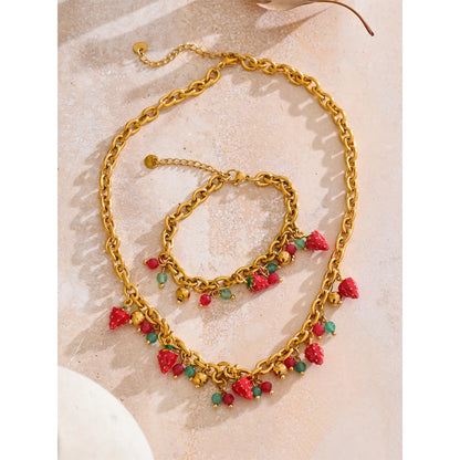 Strawberry Drop Charms Necklace - Red Enamel Stainless Steel Golden Plated