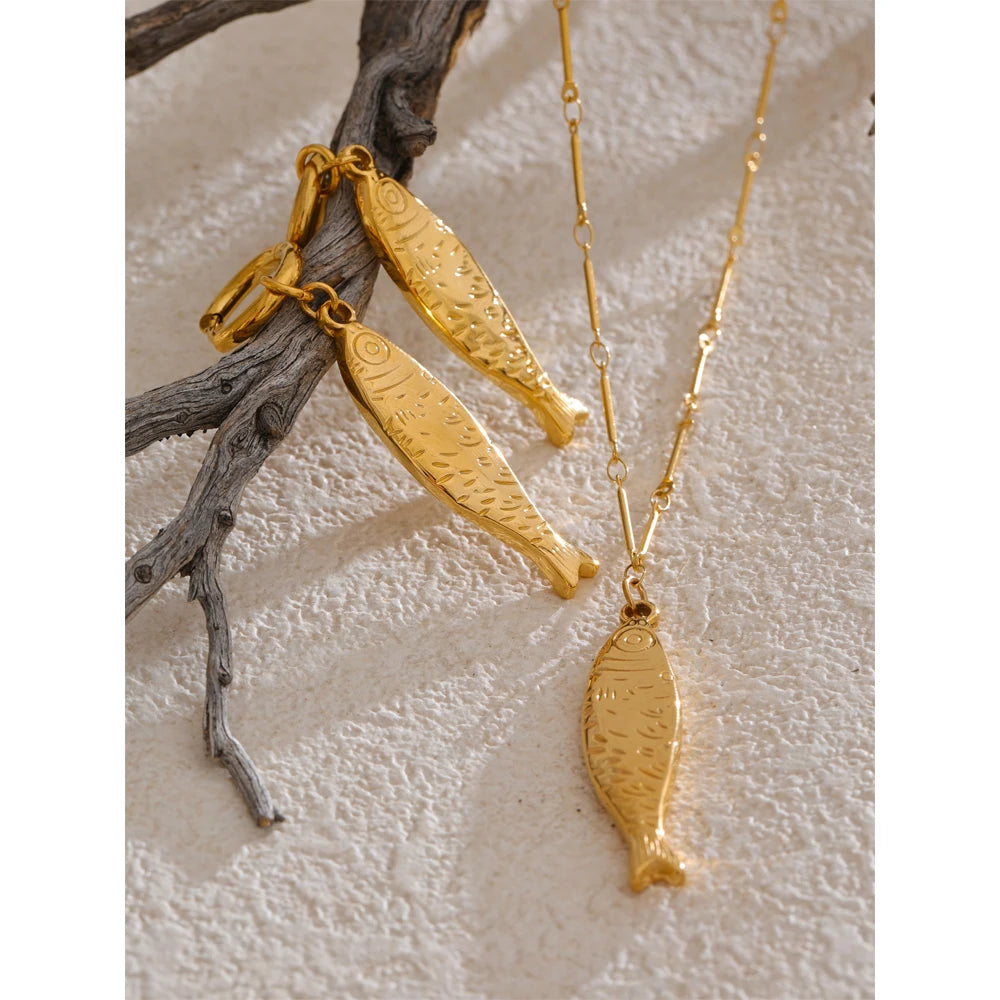 Ocean Fish Jewelry Set - Gold Plated Necklace & Earrings Stainless Steel