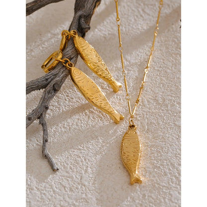 Ocean Fish Jewelry Set - Gold Plated Necklace & Earrings Stainless Steel