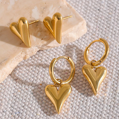 Heart Huggie Hoop Earrings - Stainless Steel Tarnish Free Gold Charm