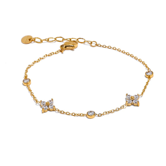 Delicate Cubic Zirconia Flower Chain Bracelet - Rust Proof Stainless Steel