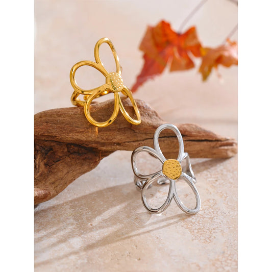 Metal Flower Adjustable Ring - Stainless Steel Rust Proof Fashion Ring