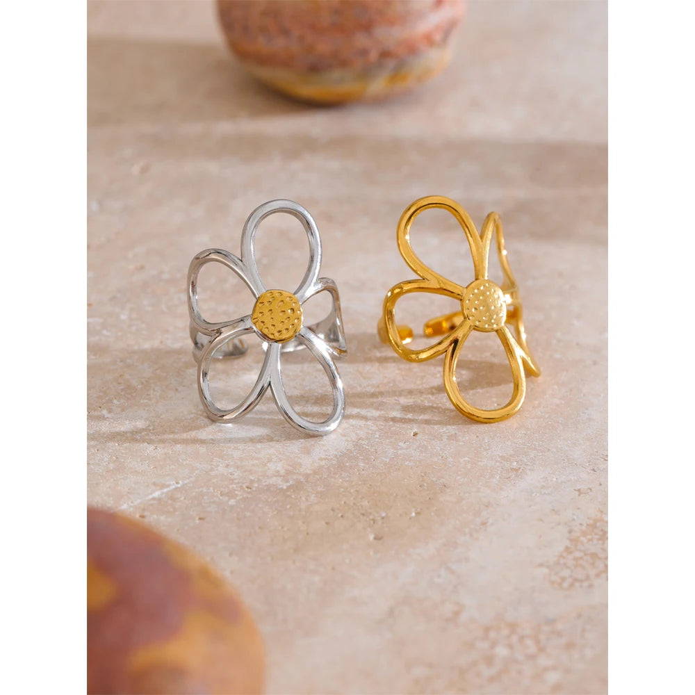 Metal Flower Adjustable Ring - Stainless Steel Rust Proof Fashion Ring
