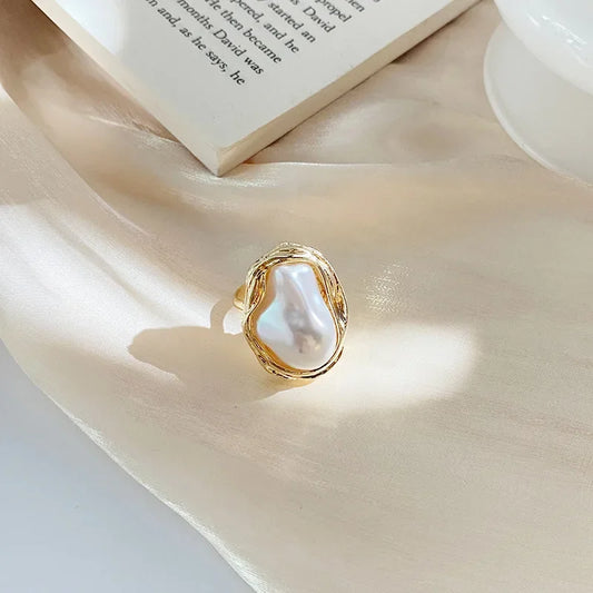 Tide & Pearl Adjustable Gold Starfish Ring - Korean Luxury
