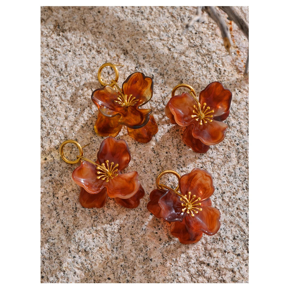 White Resin Flower Dangle Earrings - Gold Plated Summer Jewelry for Women