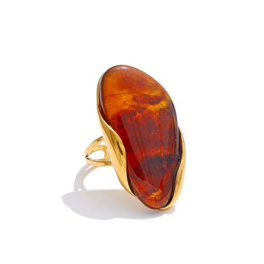 Geometric Resin Ring - Adjustable Brown Green Gold Plated Stainless Steel