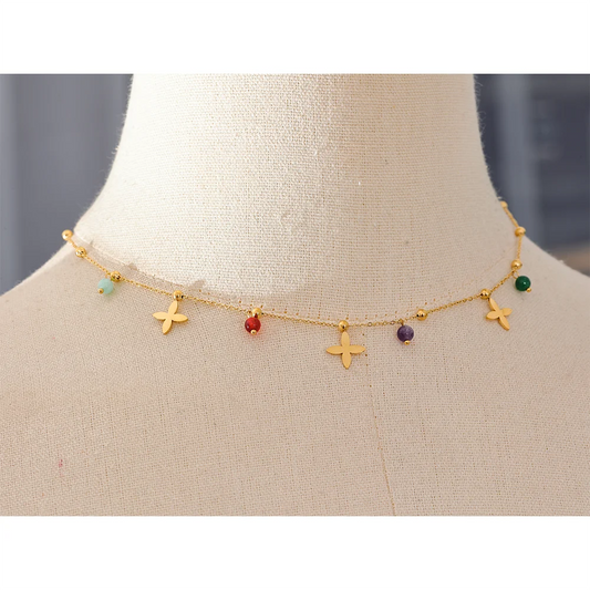 Natural Stone Flower Necklace - Waterproof Gold Plated Stainless Steel Chain for Women