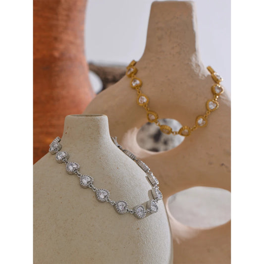 Heart Cubic Zirconia Waterproof Bracelet - Stainless Steel Charm Bangle
