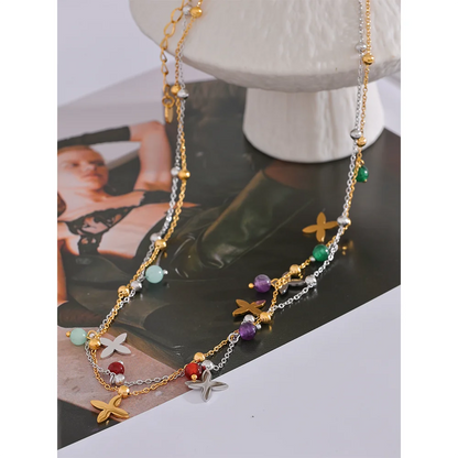 Natural Stone Flower Necklace - Waterproof Gold Plated Stainless Steel Chain for Women