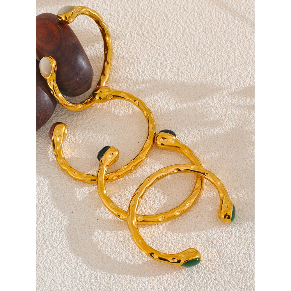 Natural Stone Golden Cuff Bracelet - Multicolored Open Bangle for Women