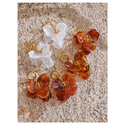 White Resin Flower Dangle Earrings - Gold Plated Summer Jewelry for Women