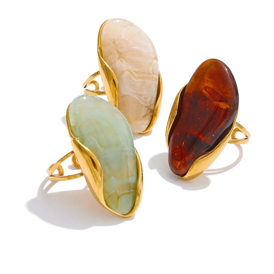 Geometric Resin Ring - Adjustable Brown Green Gold Plated Stainless Steel