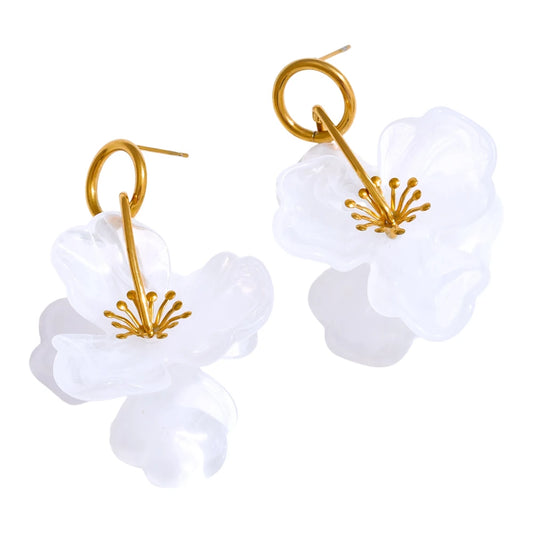 White Resin Flower Dangle Earrings - Gold Plated Summer Jewelry for Women