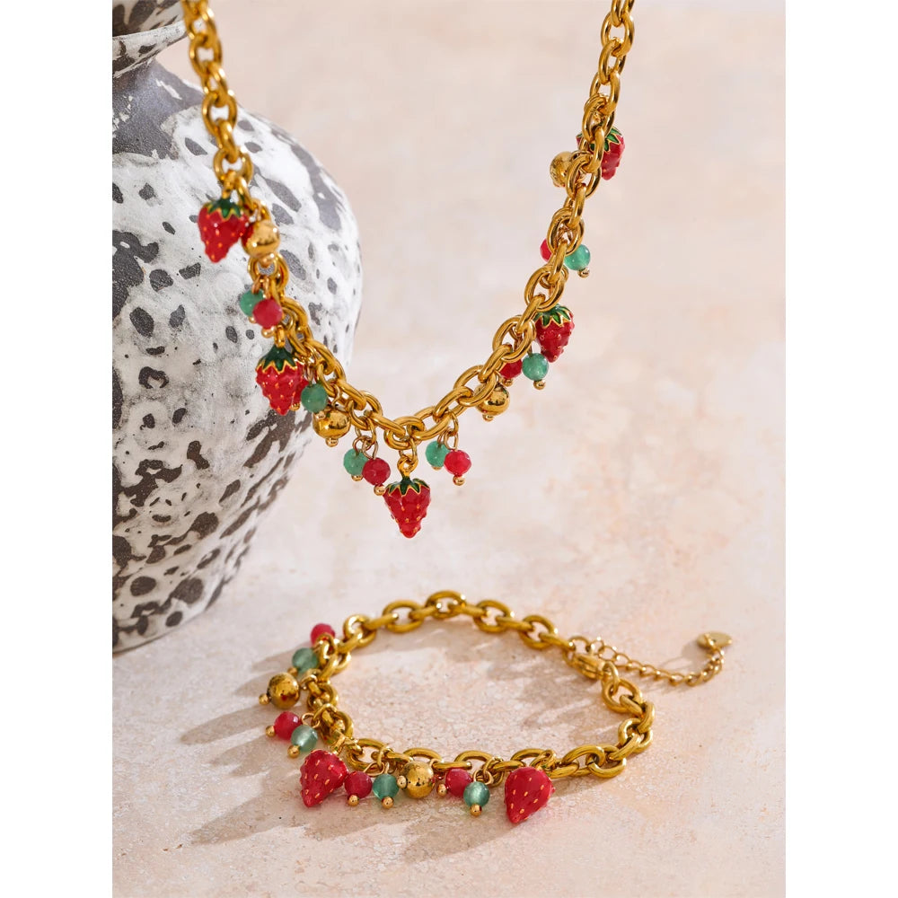 Strawberry Drop Charms Necklace - Red Enamel Stainless Steel Golden Plated