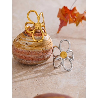 Metal Flower Adjustable Ring - Stainless Steel Rust Proof Fashion Ring