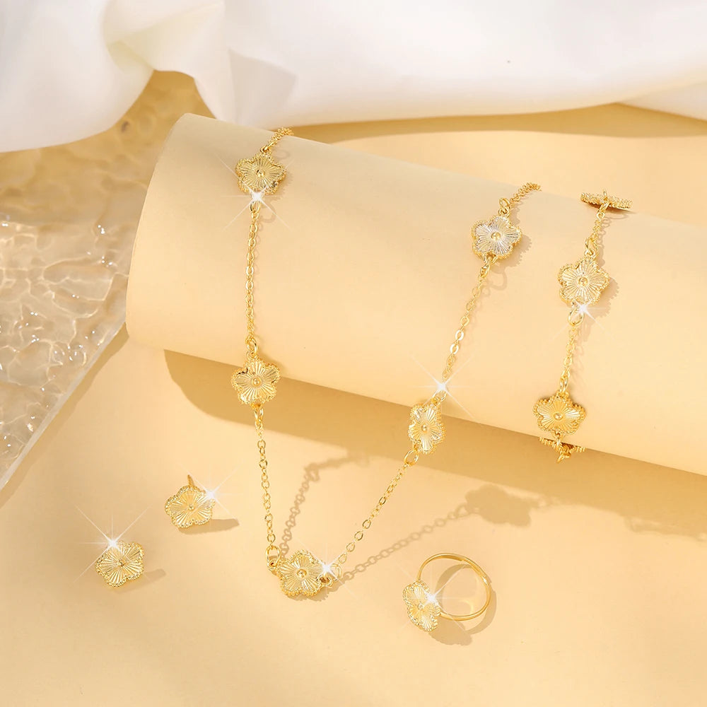 “Lucky Bloom” 3-Piece Set — Necklace, Earrings & Bracelet with 5-Petal Flower & Clover Charm for Confidence, Gifts & Good Vibes Only