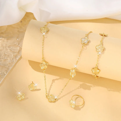 “Lucky Bloom” 3-Piece Set — Necklace, Earrings & Bracelet with 5-Petal Flower & Clover Charm for Confidence, Gifts & Good Vibes Only