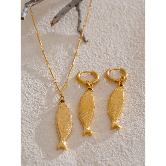 Ocean Fish Jewelry Set - Gold Plated Necklace & Earrings Stainless Steel