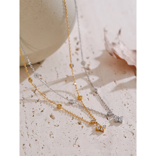 Cubic Zirconia Flower Pendant Necklace - Stainless Steel Delicate Daily Jewelry