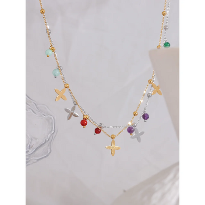 Natural Stone Flower Necklace - Waterproof Gold Plated Stainless Steel Chain for Women