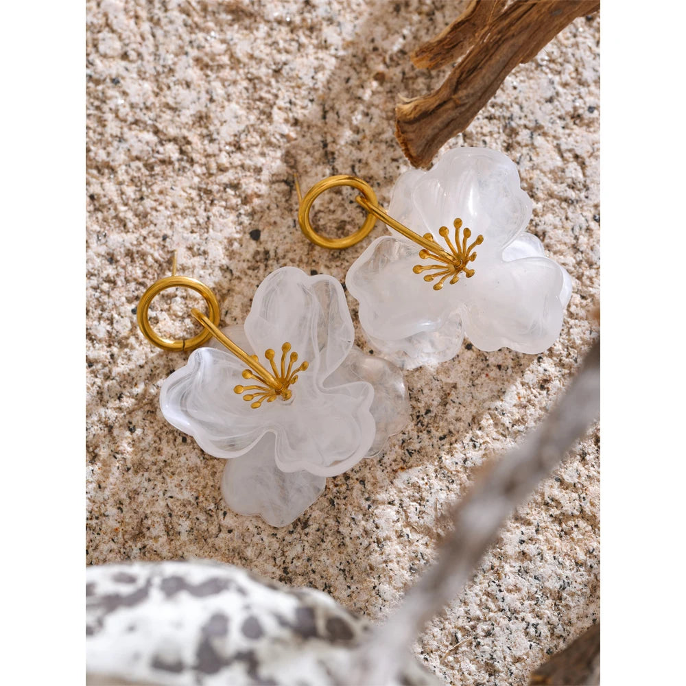 White Resin Flower Dangle Earrings - Gold Plated Summer Jewelry for Women