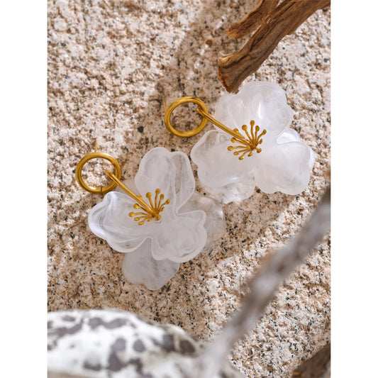 White Resin Flower Dangle Earrings - Gold Plated Summer Jewelry for Women