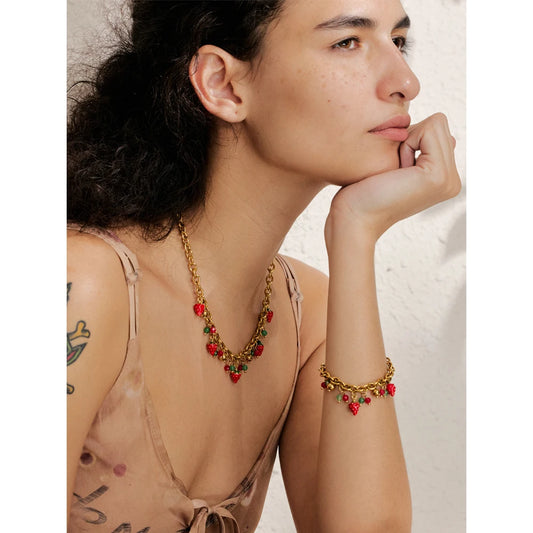 Strawberry Drop Charms Necklace - Red Enamel Stainless Steel Golden Plated