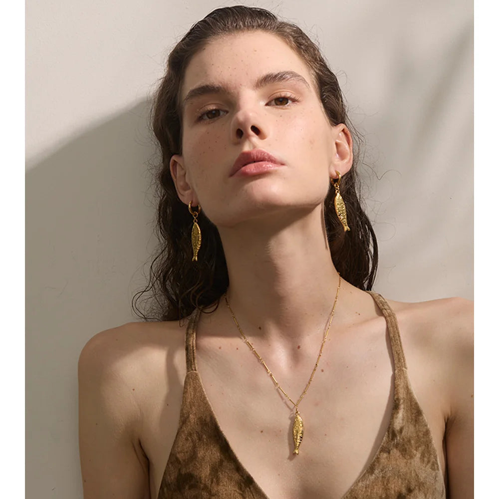 Ocean Fish Jewelry Set - Gold Plated Necklace & Earrings Stainless Steel