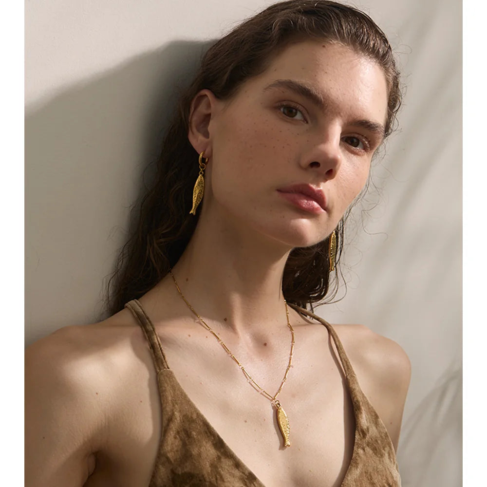 Ocean Fish Jewelry Set - Gold Plated Necklace & Earrings Stainless Steel