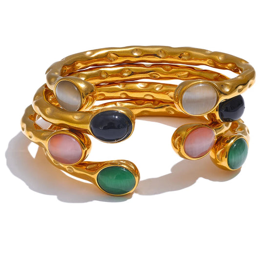 Natural Stone Golden Cuff Bracelet - Multicolored Open Bangle for Women