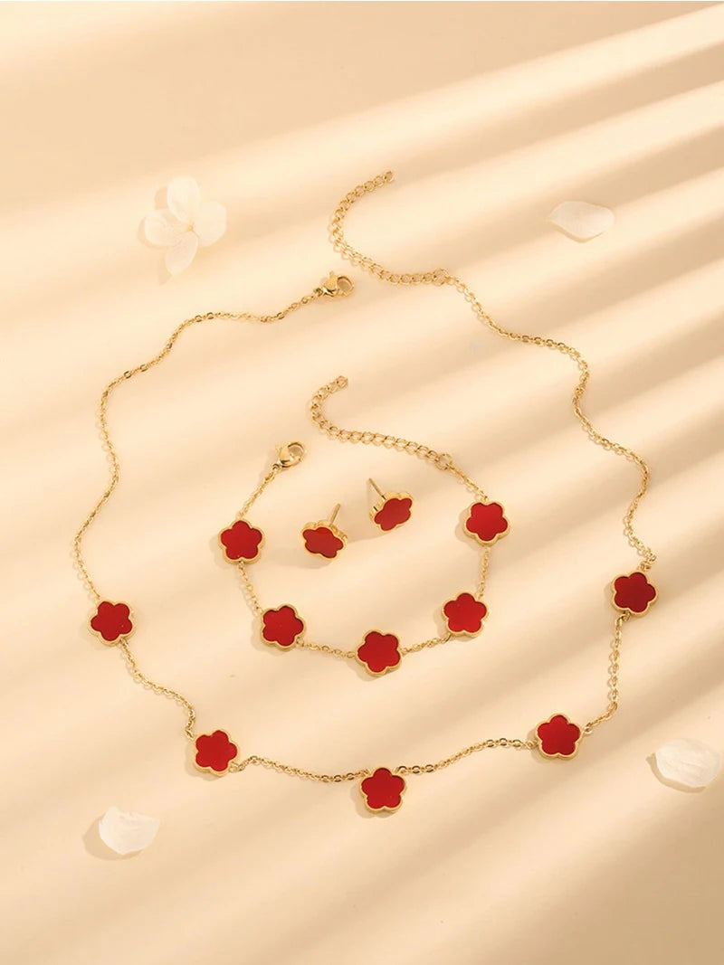 “Lucky Bloom” 3-Piece Set — Necklace, Earrings & Bracelet with 5-Petal Flower & Clover Charm for Confidence, Gifts & Good Vibes Only