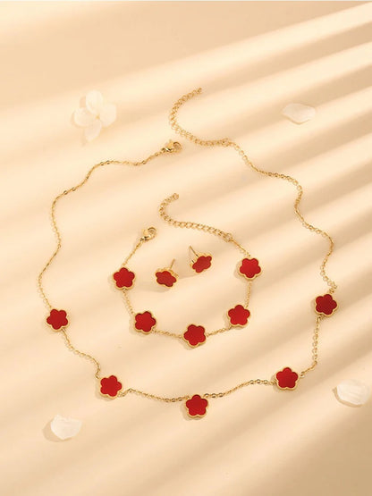 “Lucky Bloom” 3-Piece Set — Necklace, Earrings & Bracelet with 5-Petal Flower & Clover Charm for Confidence, Gifts & Good Vibes Only