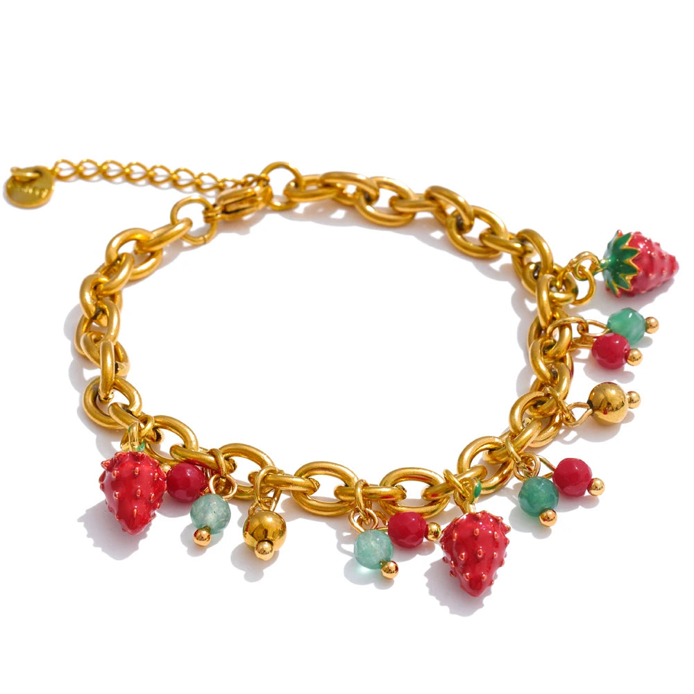 Strawberry Drop Charms Necklace - Red Enamel Stainless Steel Golden Plated