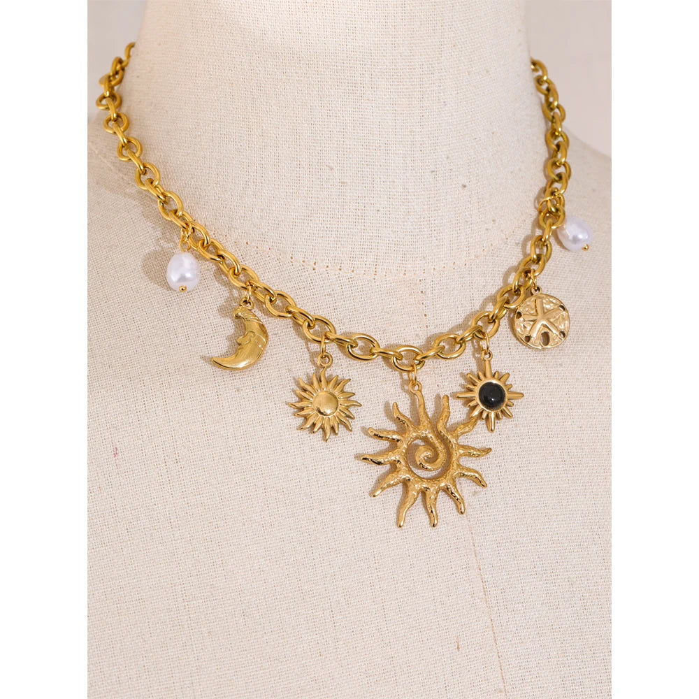 Starfish Moon Sun Pendant Necklace - Statement Golden Chain PVD Plated