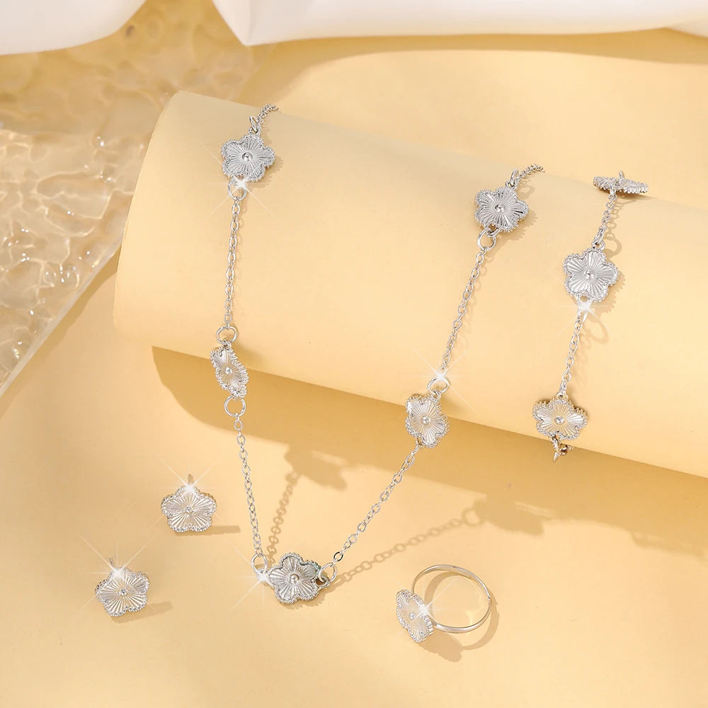 “Lucky Bloom” 3-Piece Set — Necklace, Earrings & Bracelet with 5-Petal Flower & Clover Charm for Confidence, Gifts & Good Vibes Only