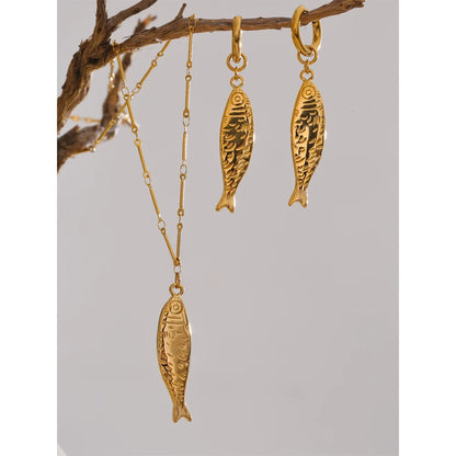 Ocean Fish Jewelry Set - Gold Plated Necklace & Earrings Stainless Steel