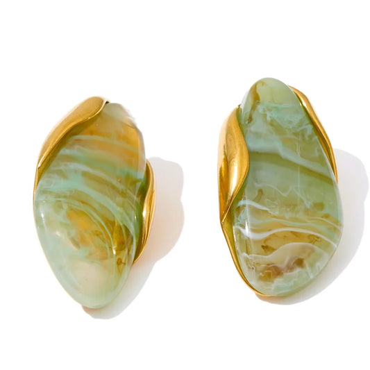 Geometric Resin Earrings - Brown Green Gold Plated Stainless Steel for Women