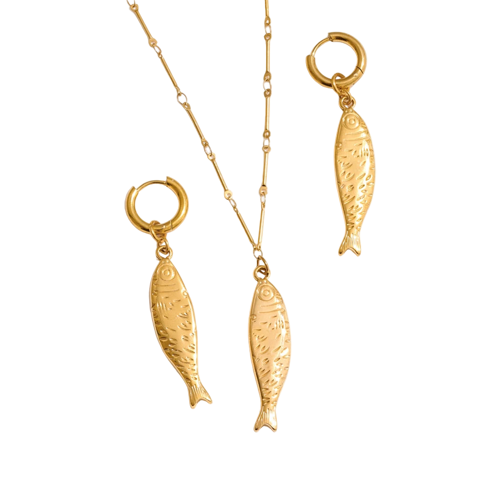 Ocean Fish Jewelry Set - Gold Plated Necklace & Earrings Stainless Steel