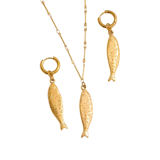 Ocean Fish Jewelry Set - Gold Plated Necklace & Earrings Stainless Steel