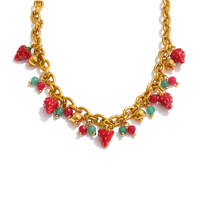 Strawberry Drop Charms Necklace - Red Enamel Stainless Steel Golden Plated