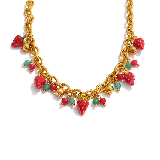 Strawberry Drop Charms Necklace - Red Enamel Stainless Steel Golden Plated
