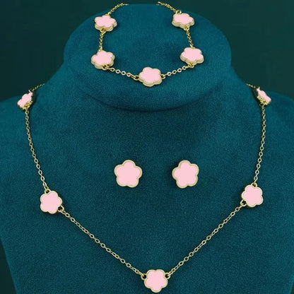 “Lucky Bloom” 3-Piece Set — Necklace, Earrings & Bracelet with 5-Petal Flower & Clover Charm for Confidence, Gifts & Good Vibes Only
