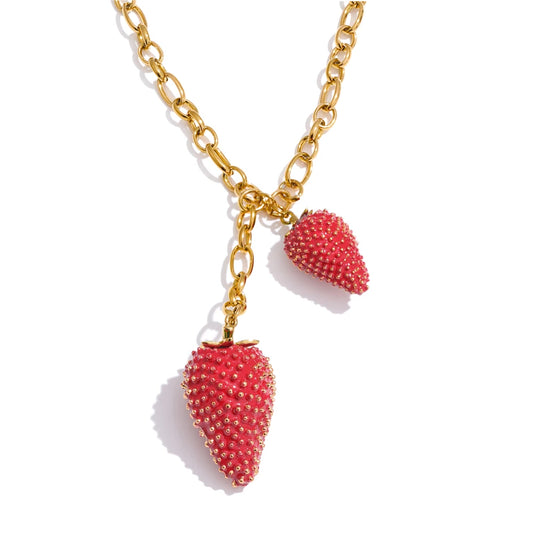 Sweet Strawberry Charm Necklace - Waterproof Gold Plated Pendant for Women