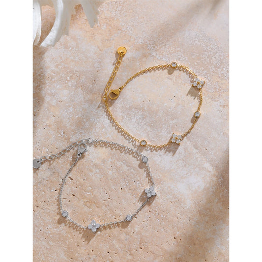 Delicate Cubic Zirconia Flower Chain Bracelet - Rust Proof Stainless Steel